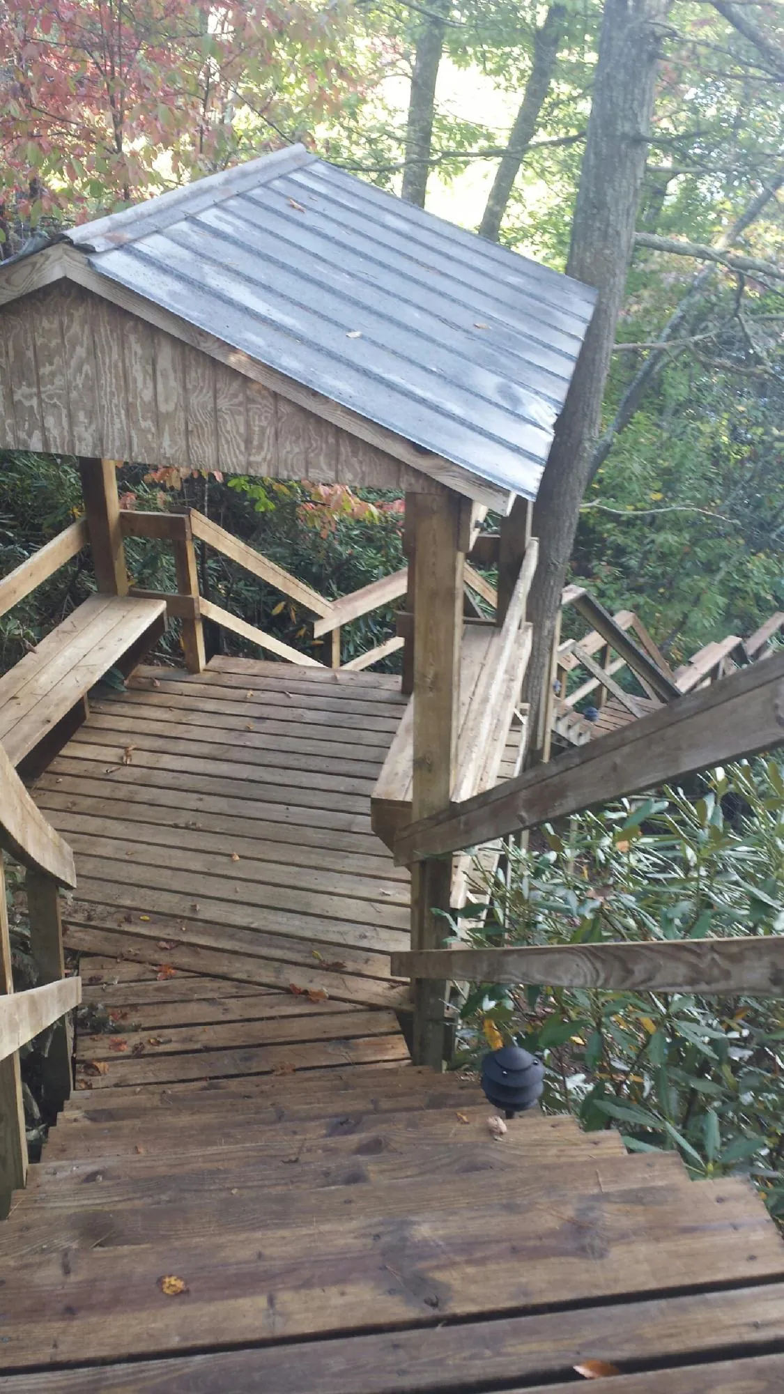 Metal roofed shelter over wooden steps on a wooded walkway — Skylight Repair & Installation work by our crew in Livonia